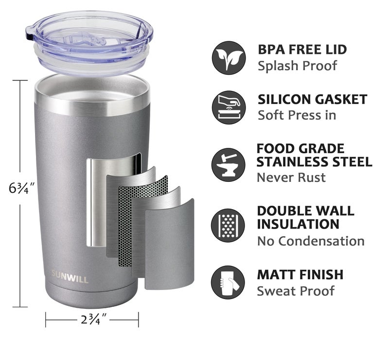 SUNWILL Travel Coffee Tumbler 20 oz, Insulated Mug with Lid, Stainless Steel Cup for Hot and Cold Drinks, Cool Grey - Image 2